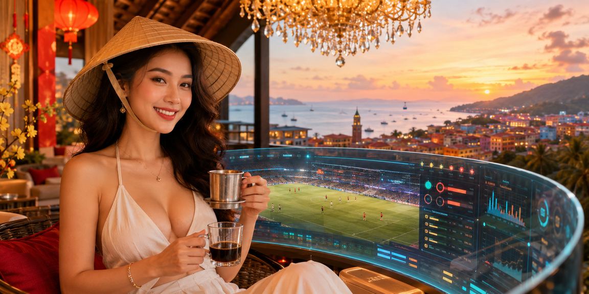 Người dùng xem tỷ lệ kèo trên điện thoại tại đảo Phú Quốc với khung cảnh biển